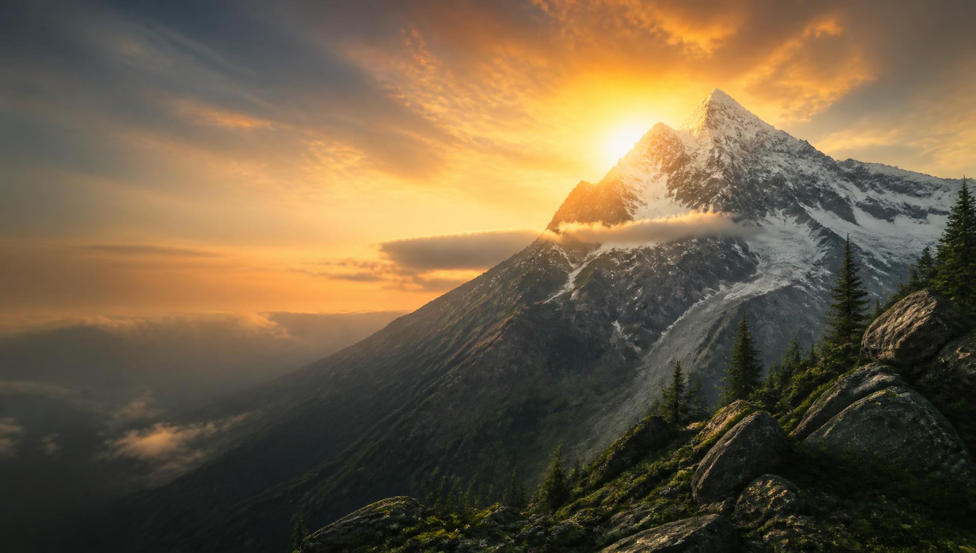 Snow-capped mountain summit lit by sunrise